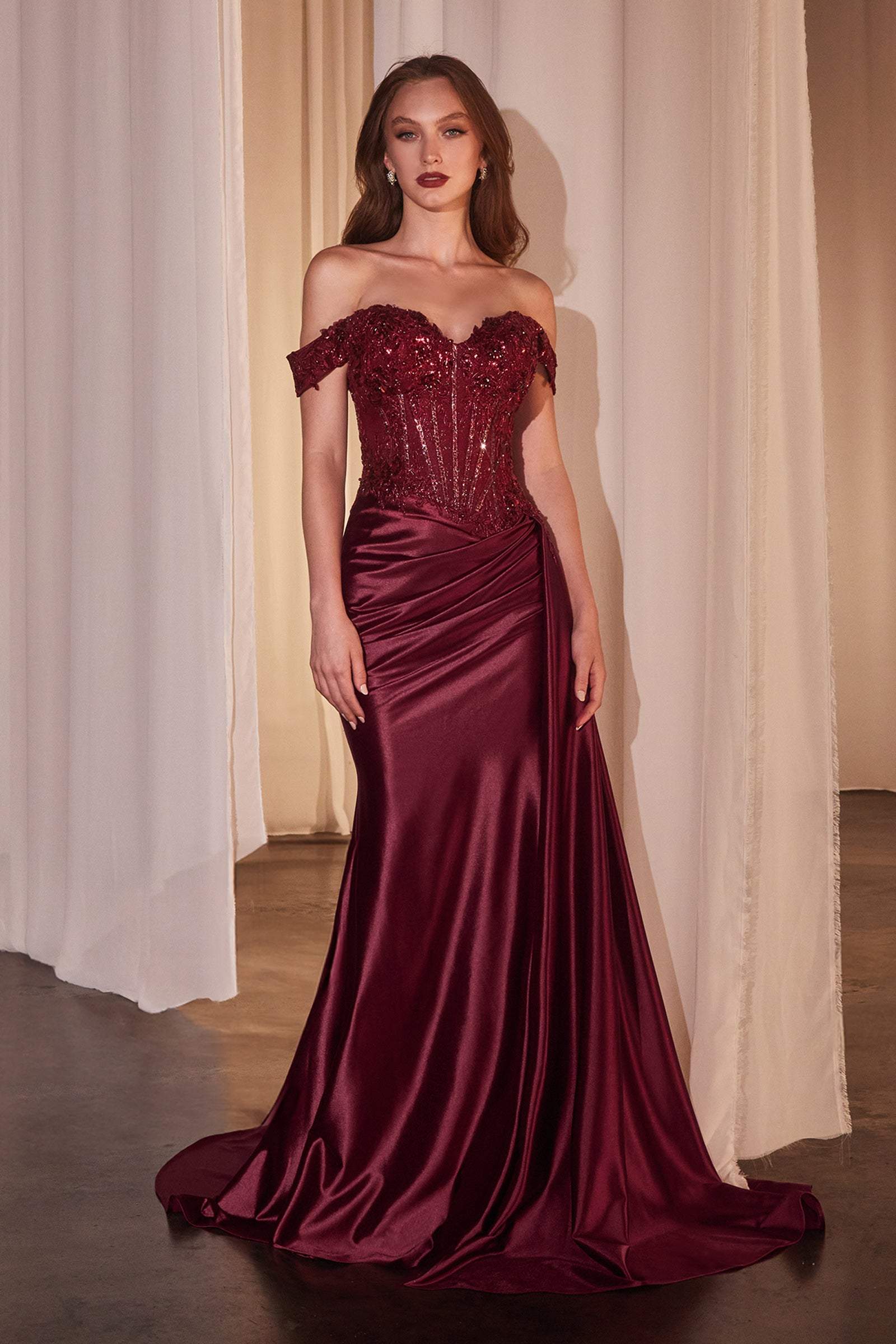 Off-shoulder burgundy lace and satin fitted gown with sweetheart neckline