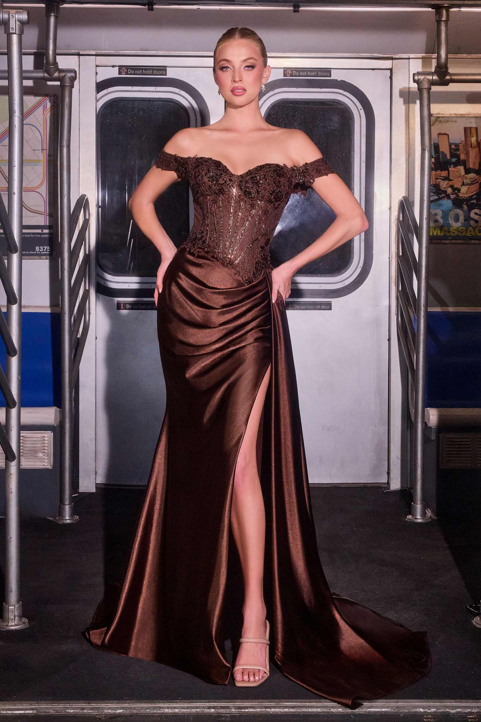 Bronze off-shoulder lace and satin fitted gown with long skirt and center slit