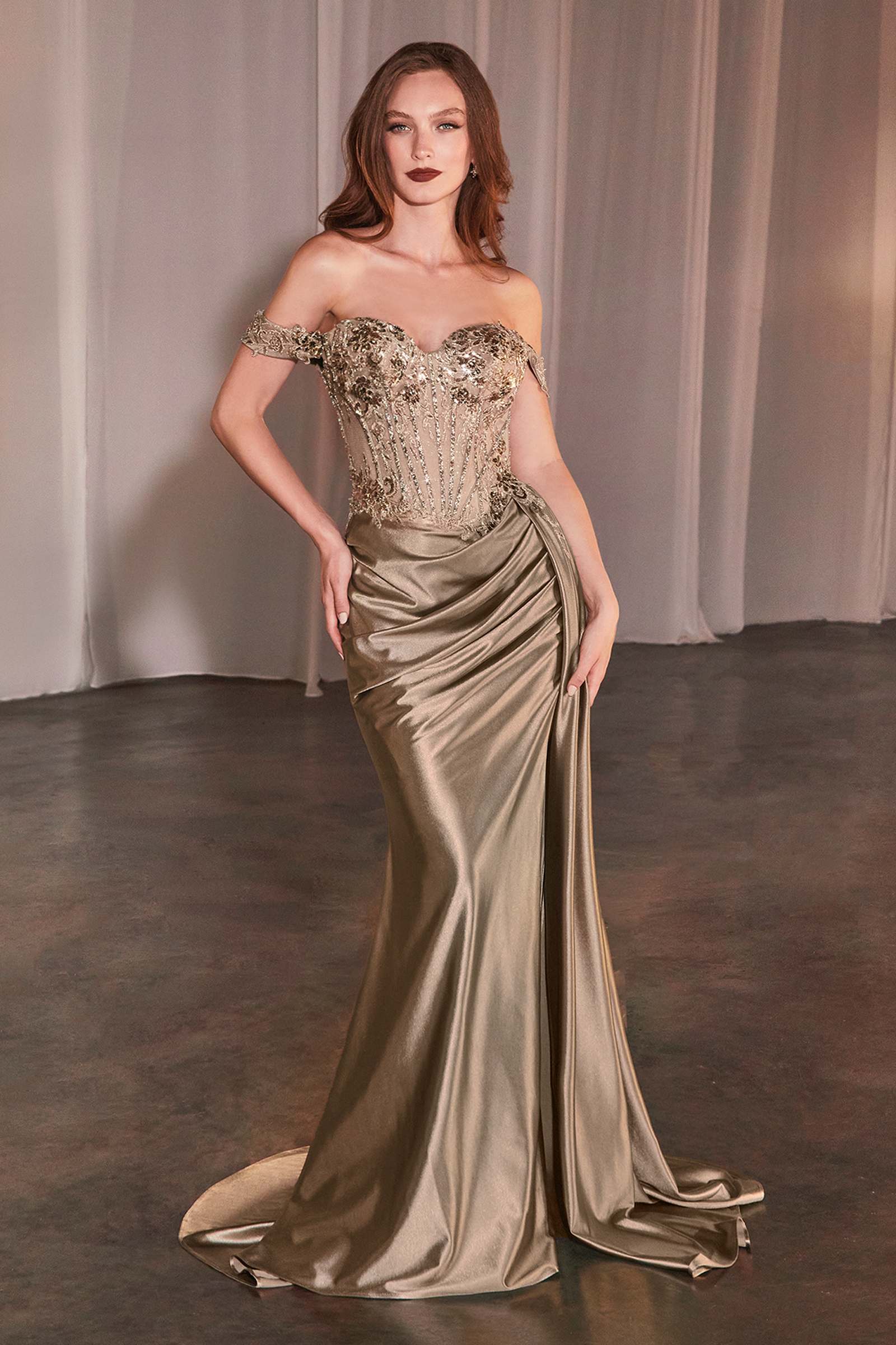 Strapless champagne satin fitted gown with beaded lace bodice and side drape
