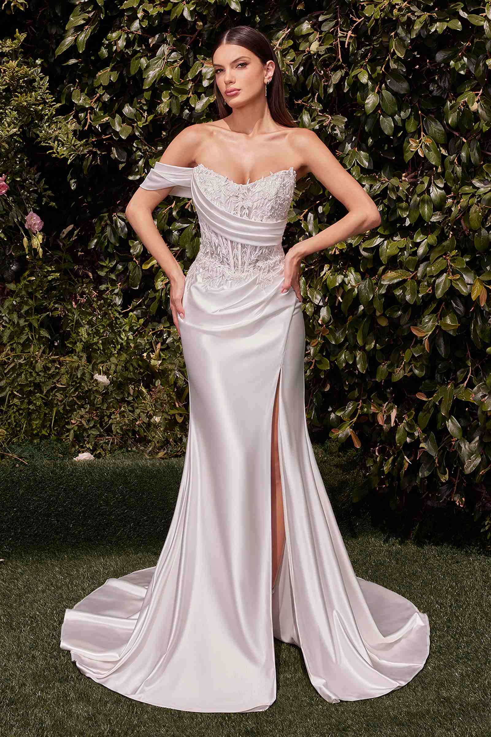 Off-white strapless lace satin fit-and-flare bridal gown with sweetheart neckline