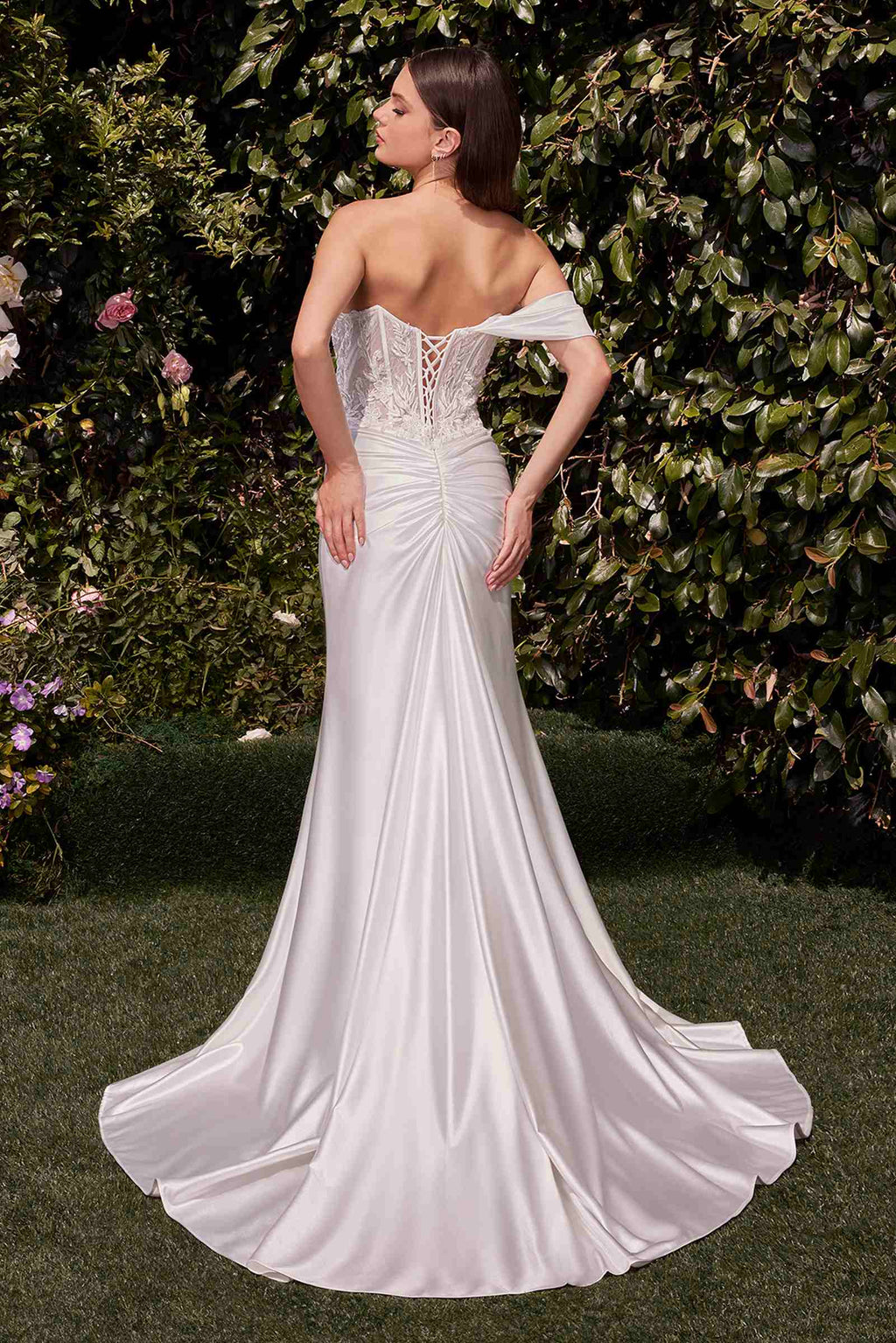 Off-white strapless lace satin bridal gown with open back and mermaid flare skirt