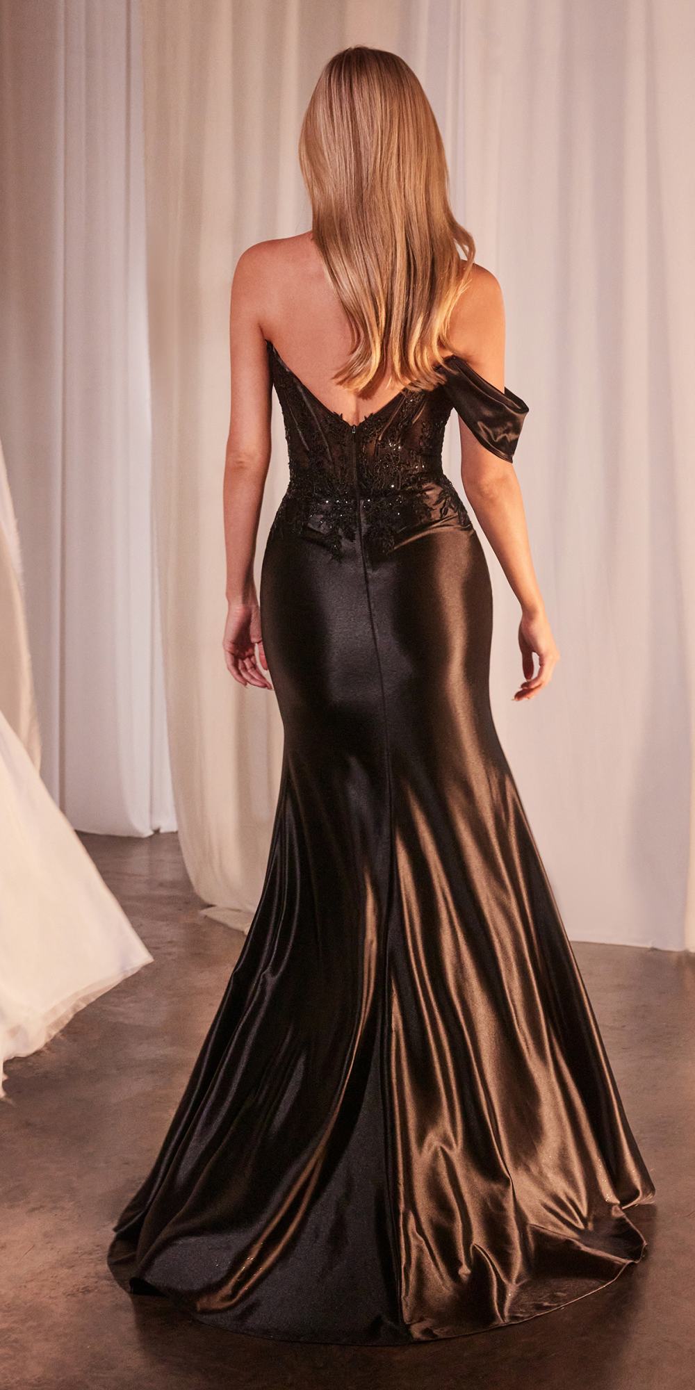 Black off-shoulder lace and satin prom gown, fitted bodice with flared skirt