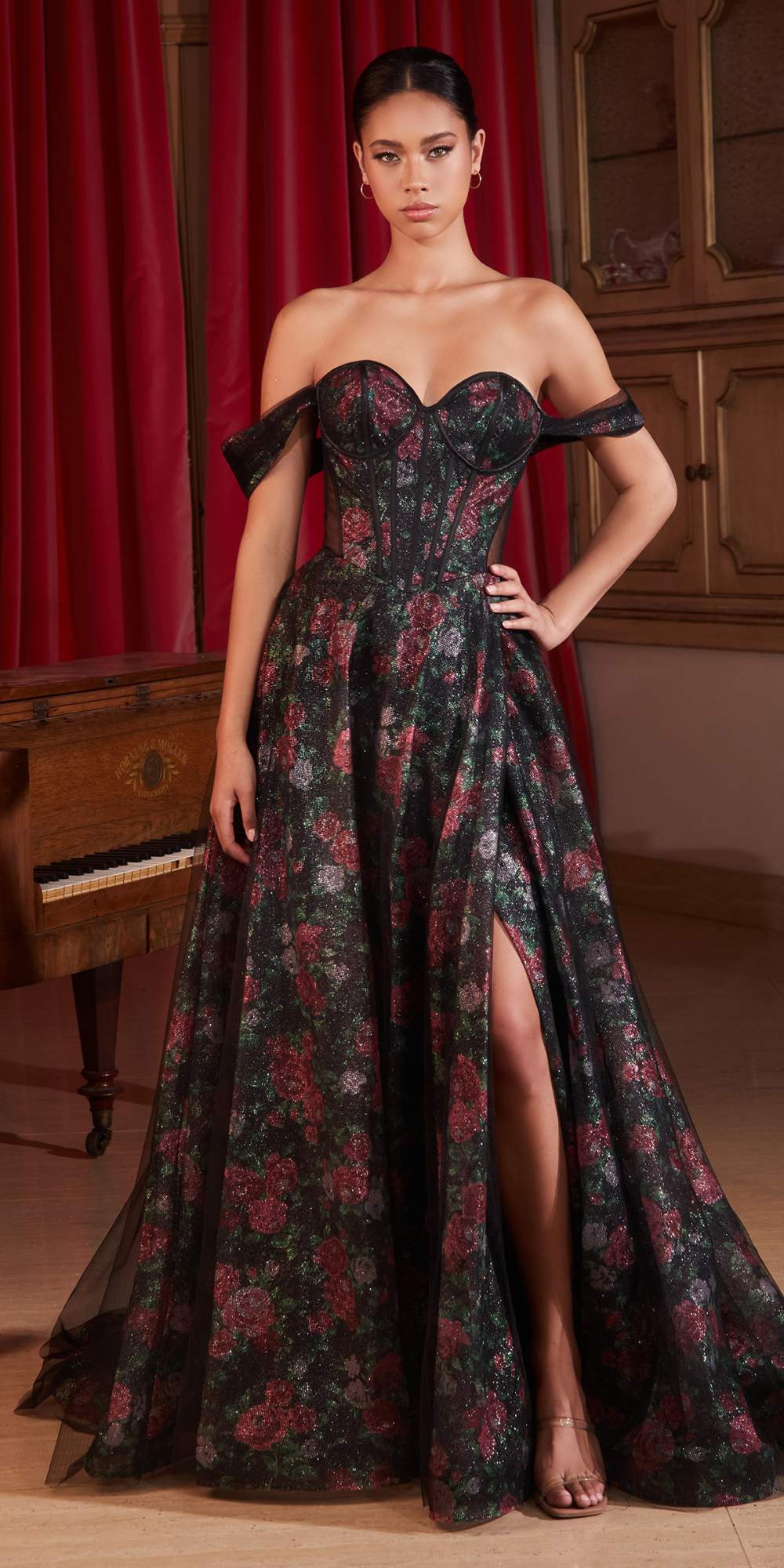 Black off-shoulder ball gown with floral underlay, fitted bodice and full skirt