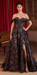 Black off-shoulder ball gown with floral underlay, fitted bodice and full skirt