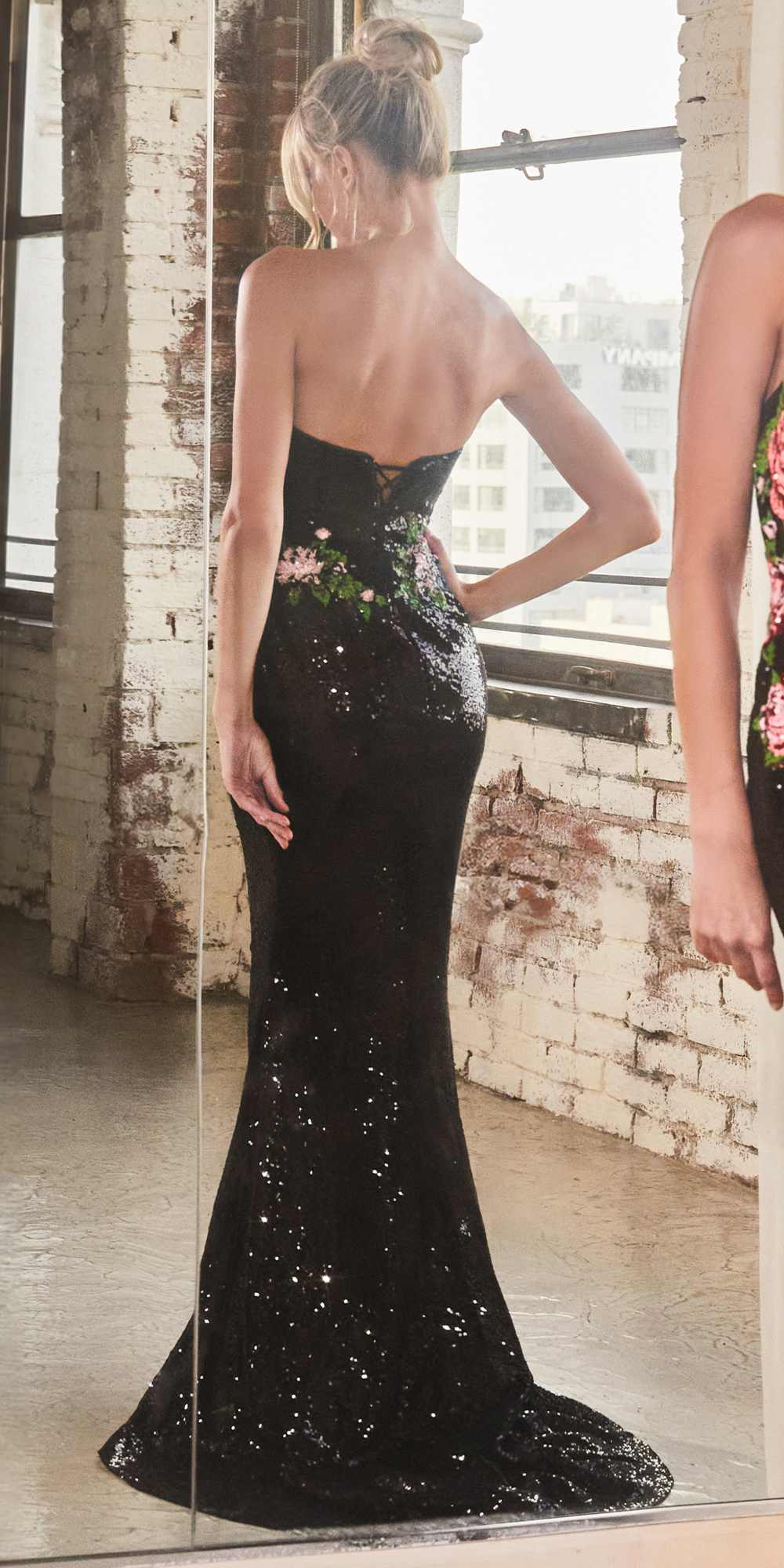 Black long backless sequin floral print mermaid dress