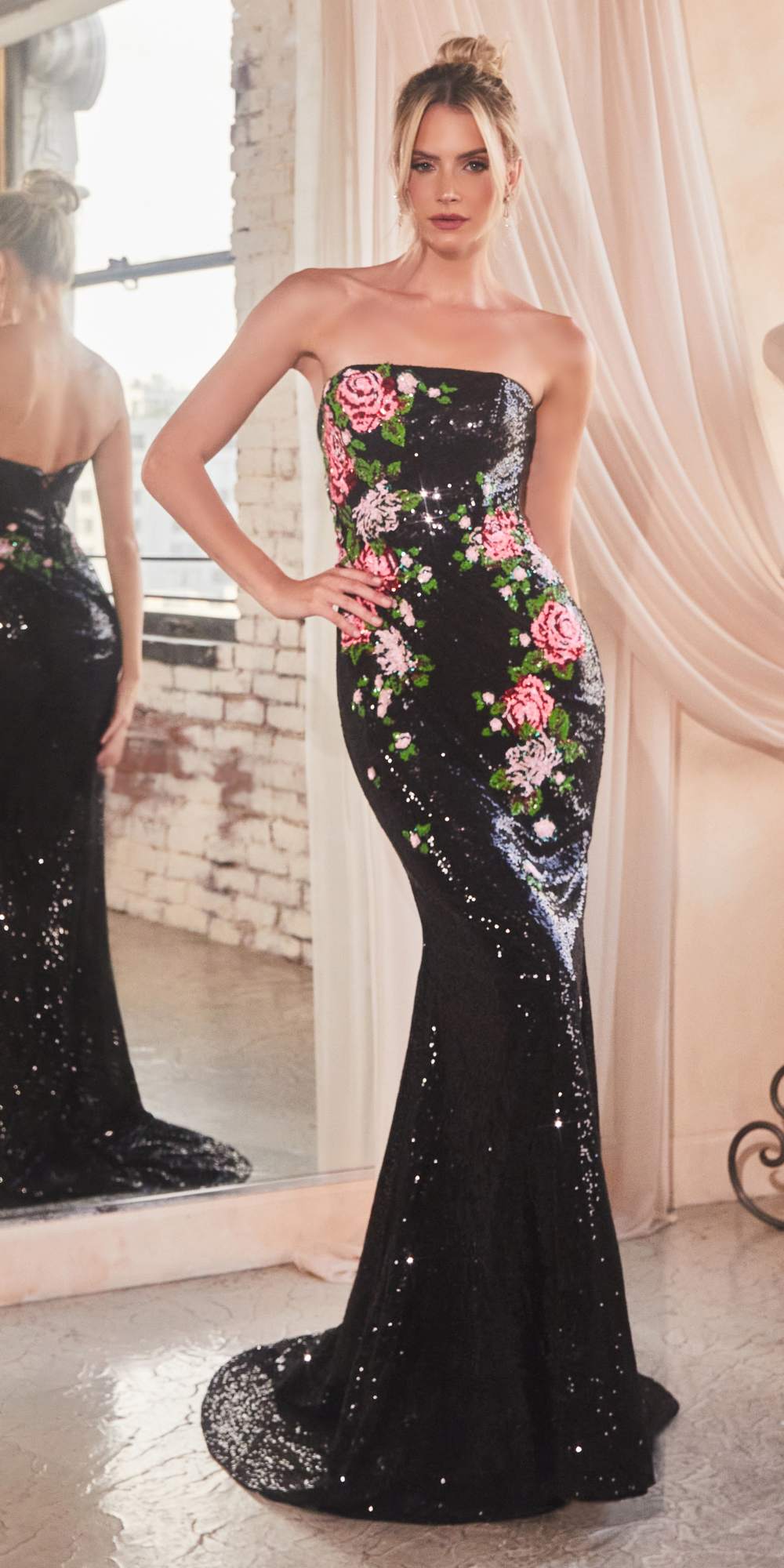 Black long strapless sequin floral print dress with sweetheart neckline