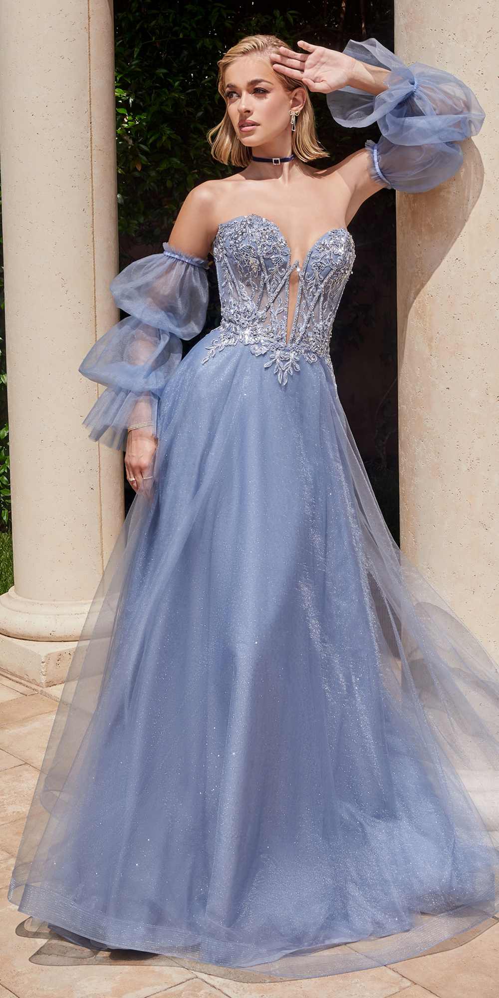 Powder blue strapless ball gown with removable sheer tulle sleeves and full skirt