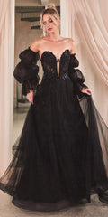Black long strapless ball gown with removable sheer sleeves and full tulle skirt