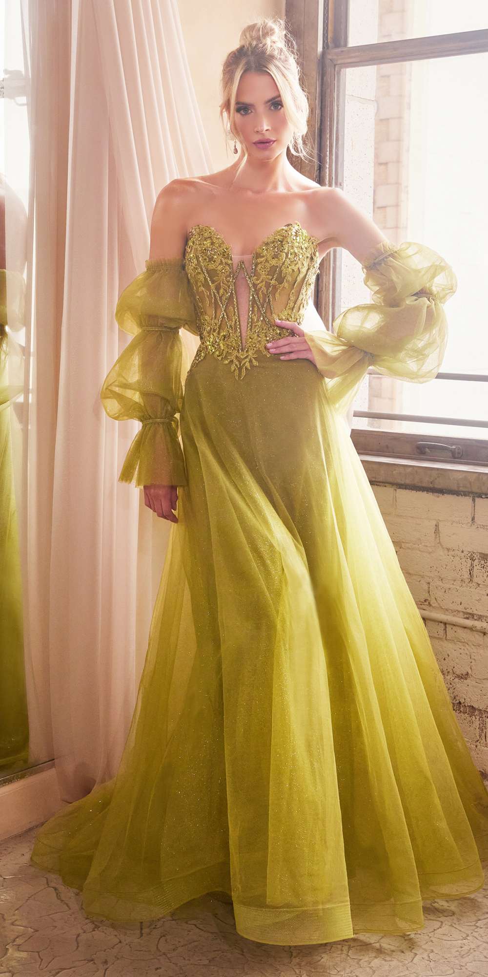 Lemon yellow strapless ball gown with removable sheer sleeves and embellished bodice