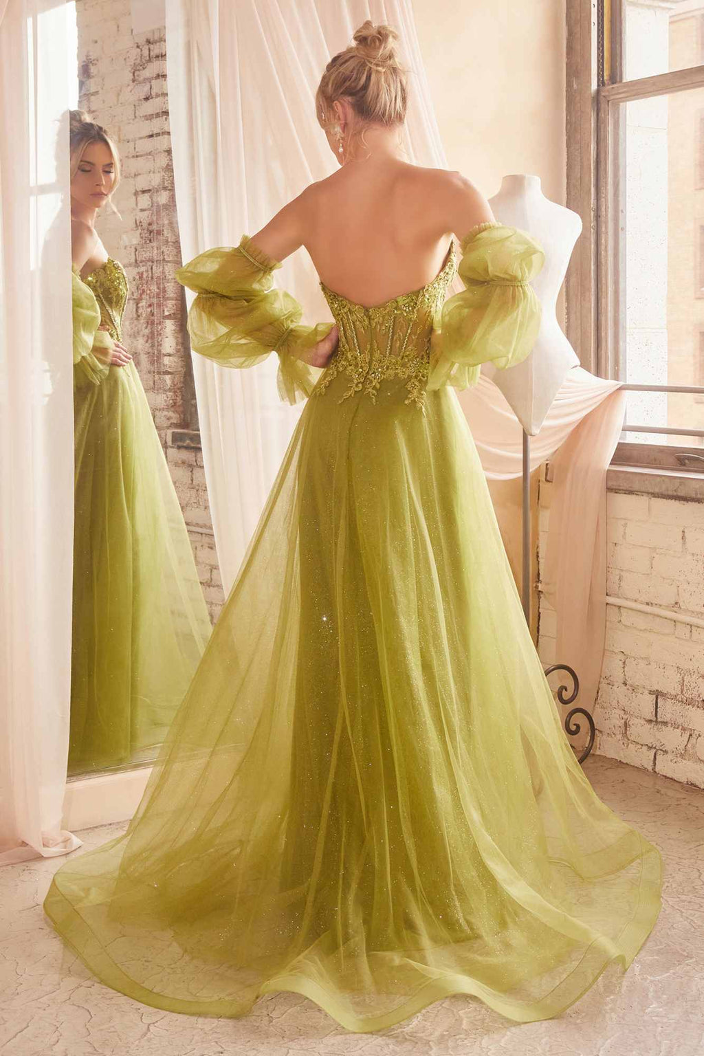 Lemon yellow long ball gown with removable sheer sleeves and flowing full skirt