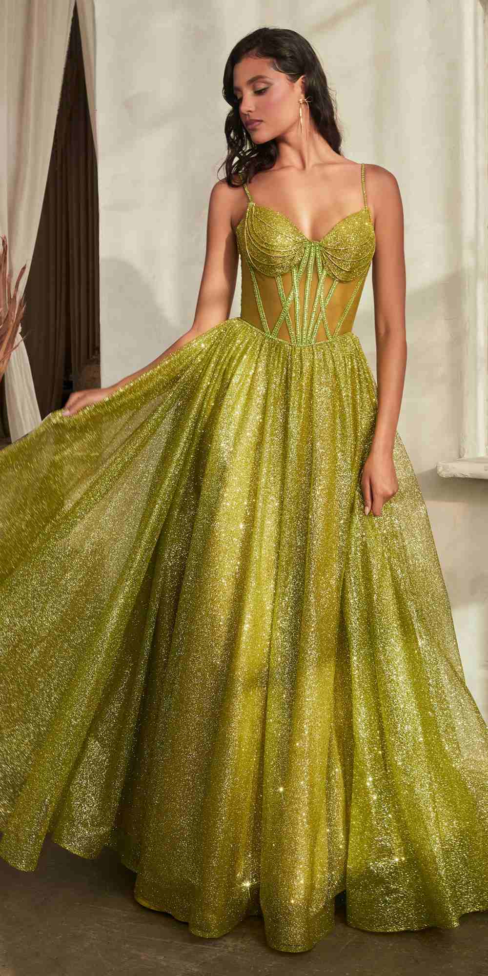 Gold glitter ball gown with corset-style bodice, sweetheart neckline and full skirt