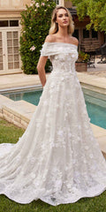 Off-white lace strapless A-line bridal gown with long chapel train and off-shoulder shawl