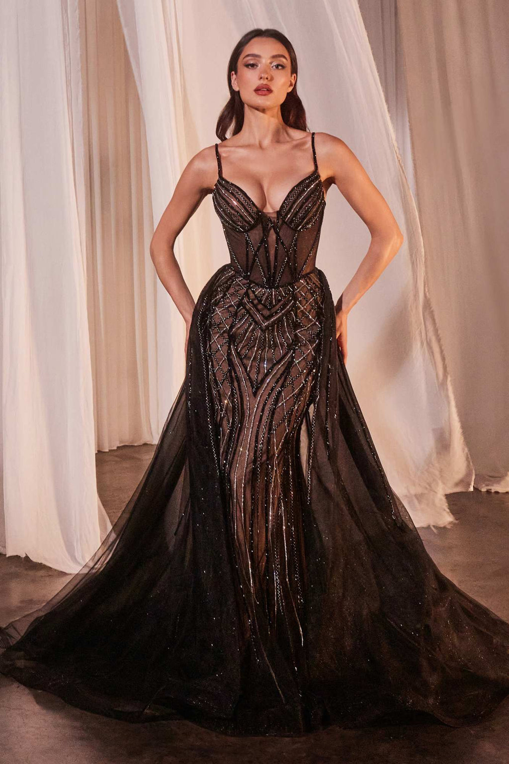 Floor-length fitted beaded tulle gown in dark with sweetheart neckline and beaded mesh