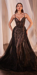 Black floor-length beaded tulle gown with corset bodice and thin spaghetti straps
