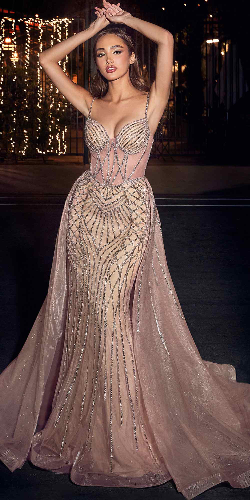 Rose champagne beaded tulle floor-length gown with corset-style bodice and long skirt