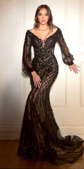 Embellished black long gown with V-neckline, long sheer sleeves, and mermaid-style hem.