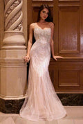 Nude-lined formal gown with silver fringe beading and fitted tulle overlay, full length