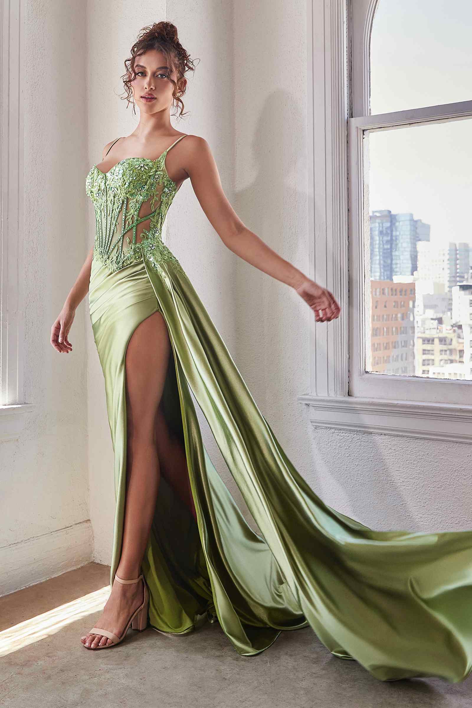 Light green satin long gown with beaded corset and front thigh slit with draped train