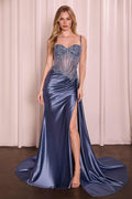 Blue sequin lace formal gown with sweetheart bodice, side slit, and long train