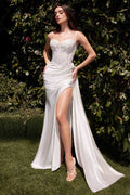 Off-white satin bridal dress with lace bodice, spaghetti straps, thigh slit, long train
