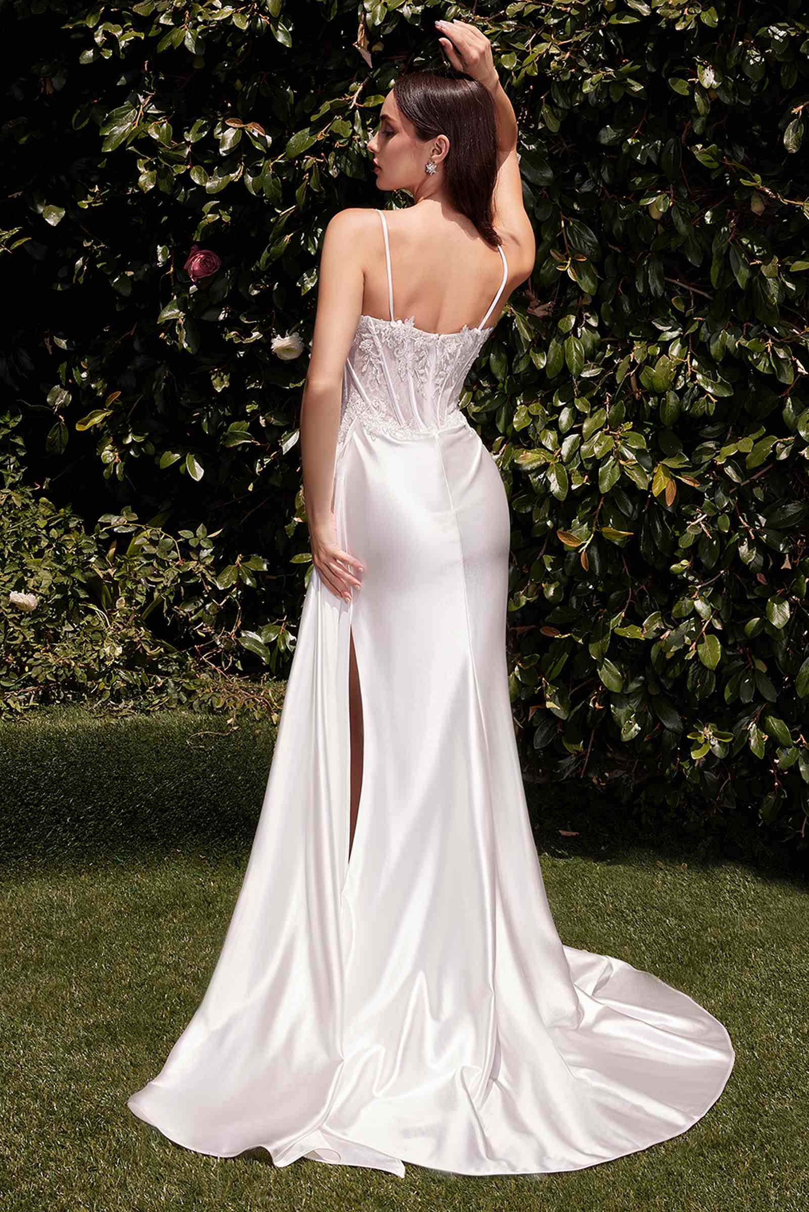 Off-white satin bridal dress, lace corset backless straps, flowing long skirt and train