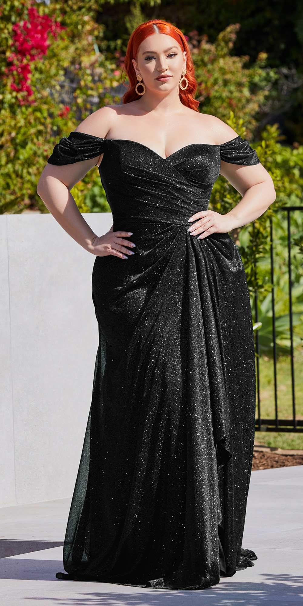 Glitter off-shoulder floor-length gown, black, sweetheart neckline with gathered ruched skirt