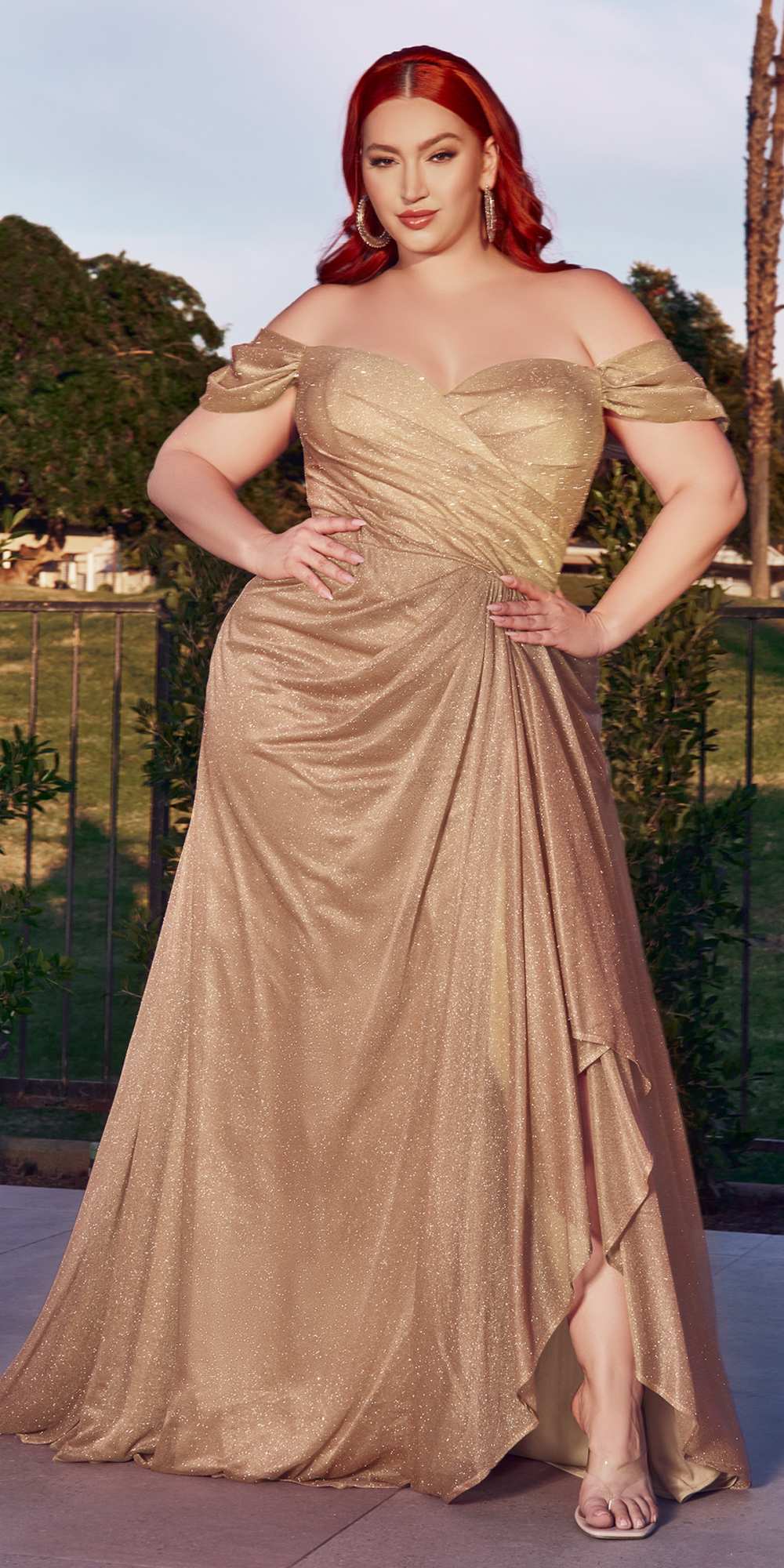 Champagne gold glitter off-shoulder gown with sweetheart neckline and ruched bodice