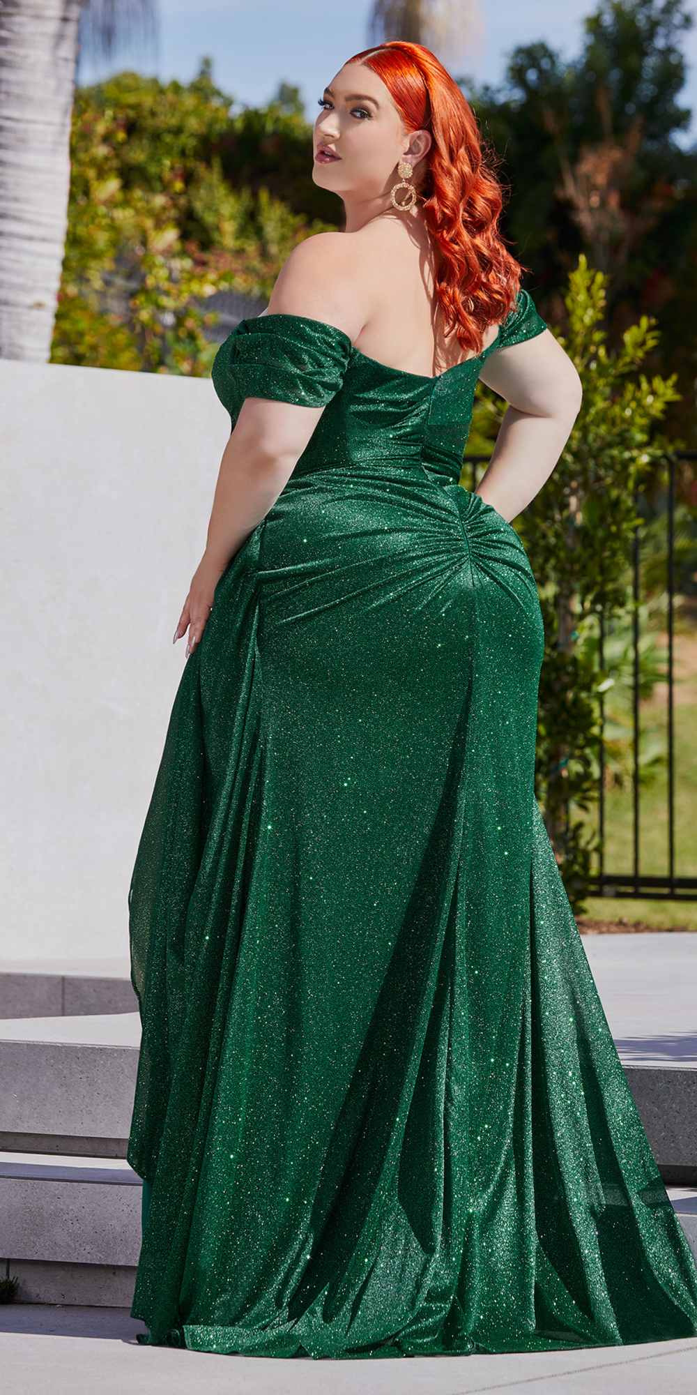 Glitter off-shoulder floor-length gown, dark green, sweetheart neckline with gathered skirt