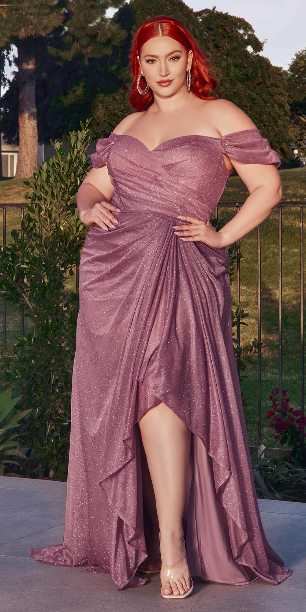 Glitter off-shoulder floor-length gown, mauve, ruched waist with off-shoulder neckline