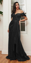 Glitter off-shoulder floor-length gown, black, ruched waist with draped skirt and side slit