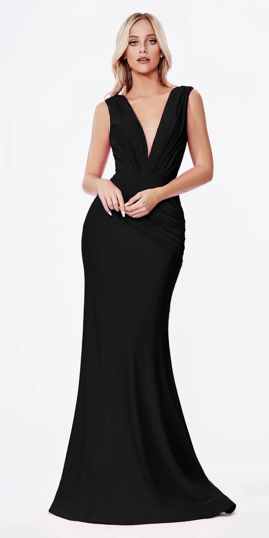 Ruched black jersey gown with deep V-neck, sleeveless fit, and long flared skirt.