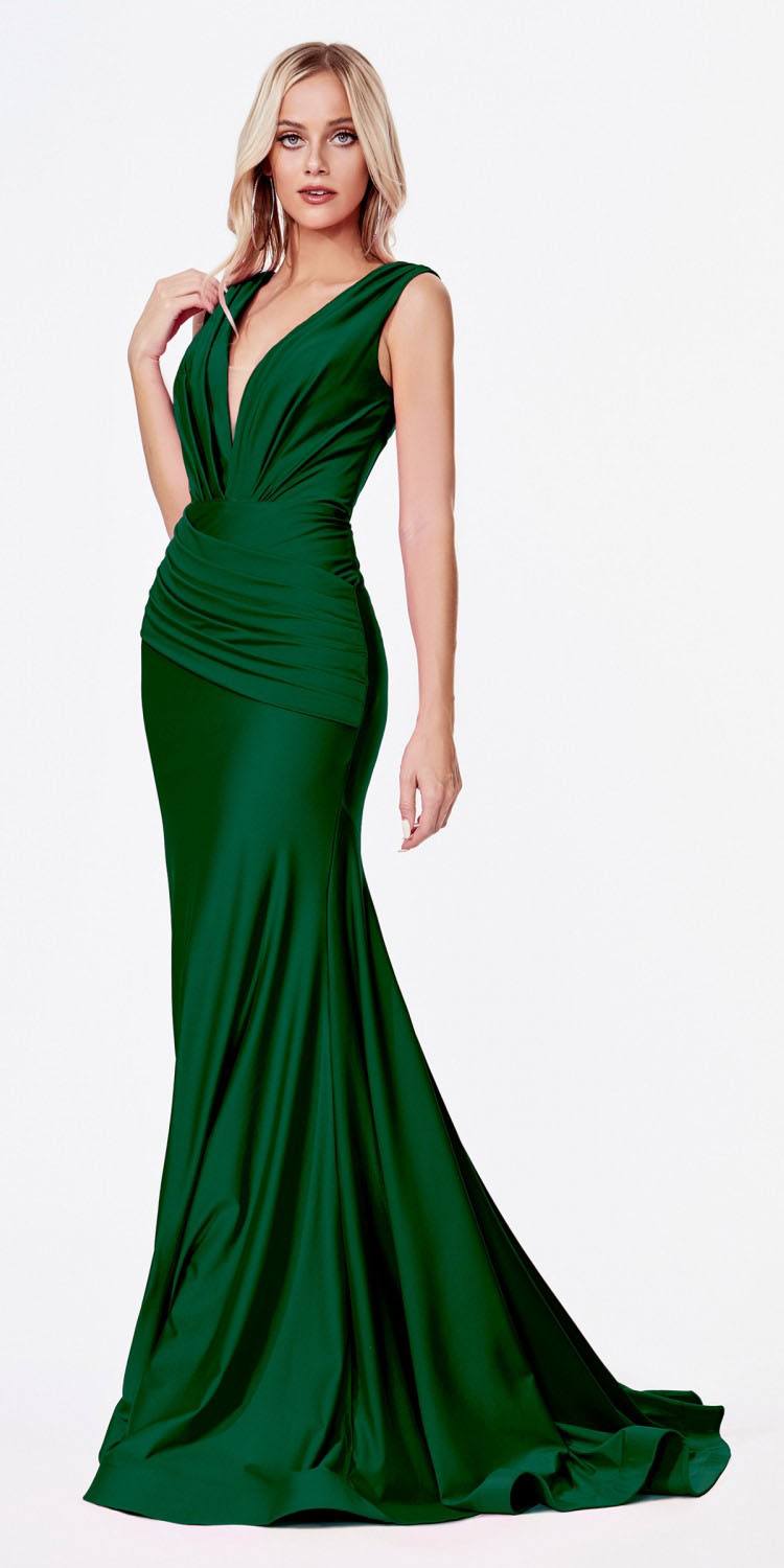 Ruched fitted jersey gown, sleeveless deep V-neck, fitted waist, long flared skirt, green