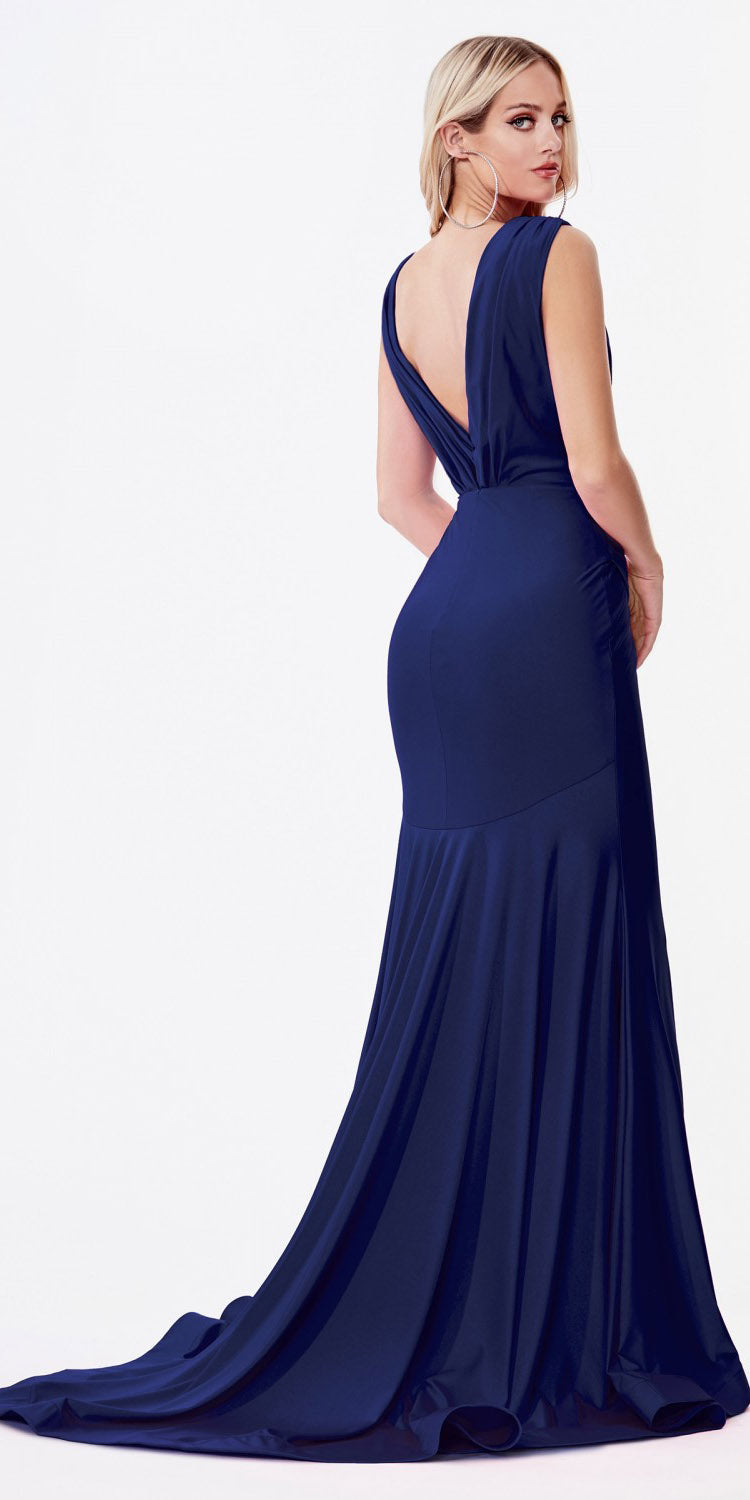 Ruched fitted jersey gown, sleeveless deep V-neck, draped waist, long flared skirt, navy blue