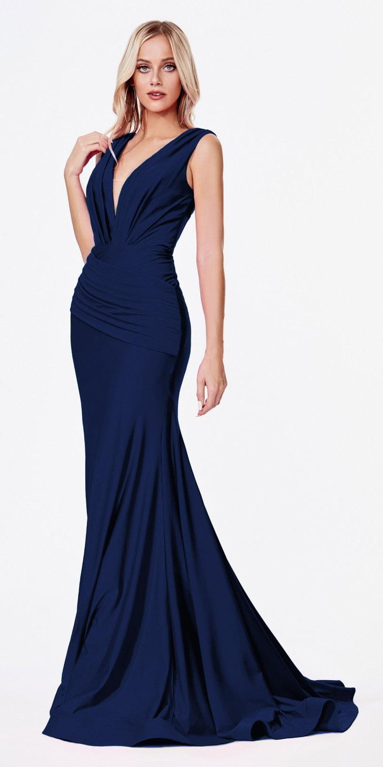 Ruched fitted jersey gown, sleeveless deep V-neck, fitted waist, flared hem, navy blue