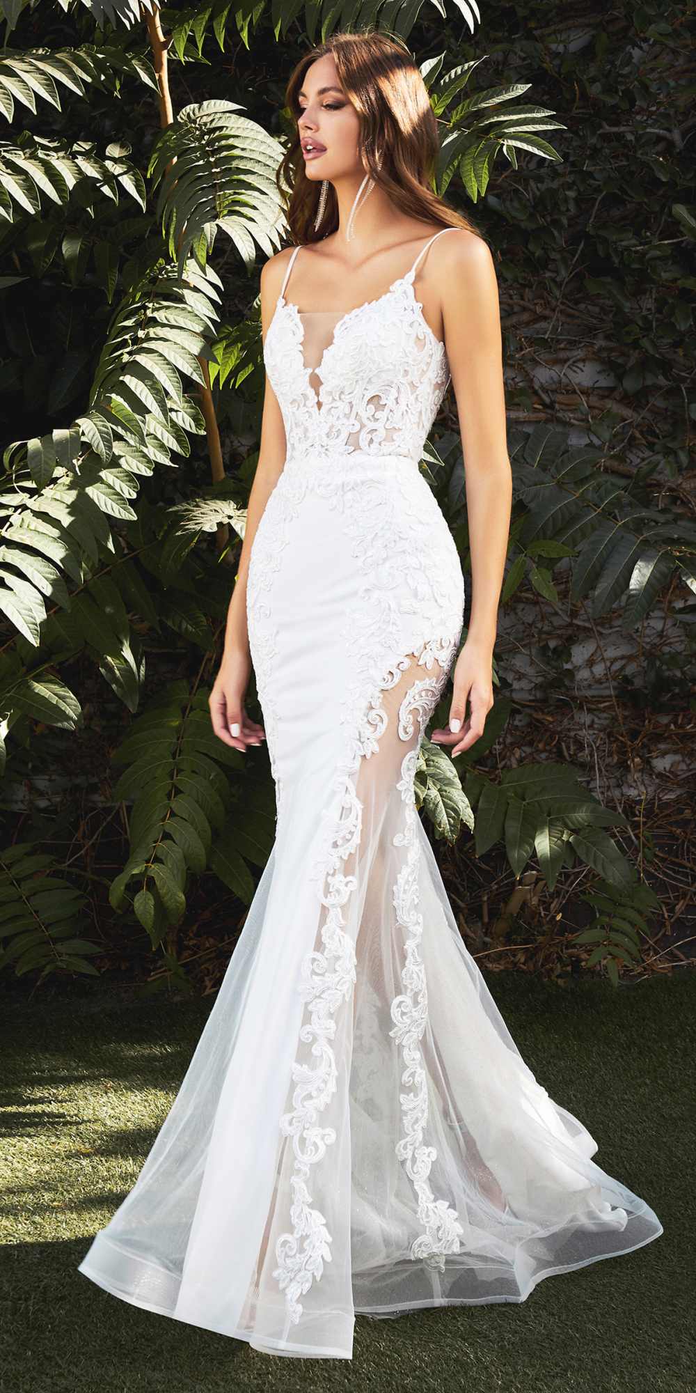 Off-white lace mermaid wedding gown with illusion sides and spaghetti straps