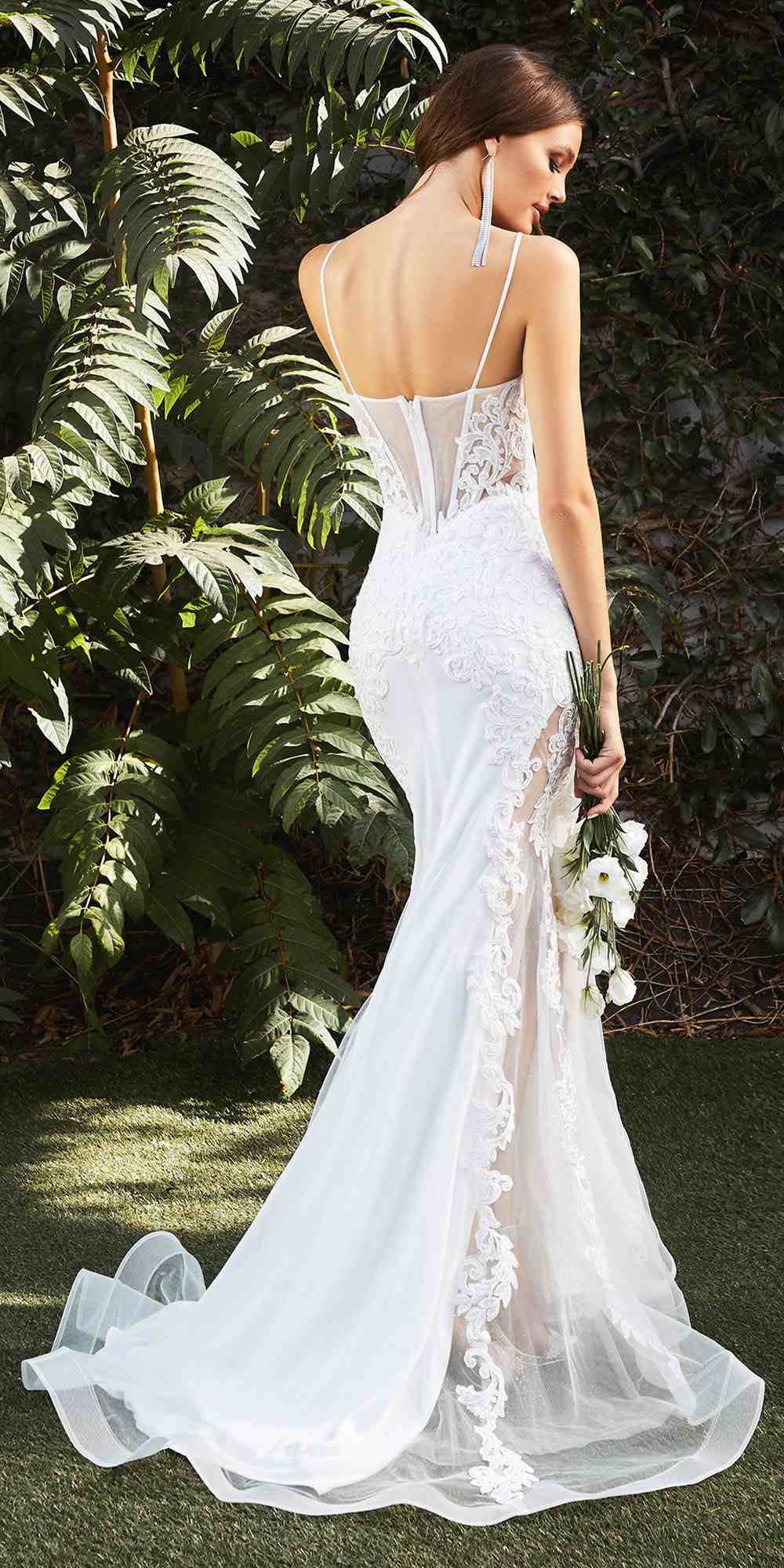 Off-white lace mermaid wedding gown, open back, illusion lace bodice and flowing skirt
