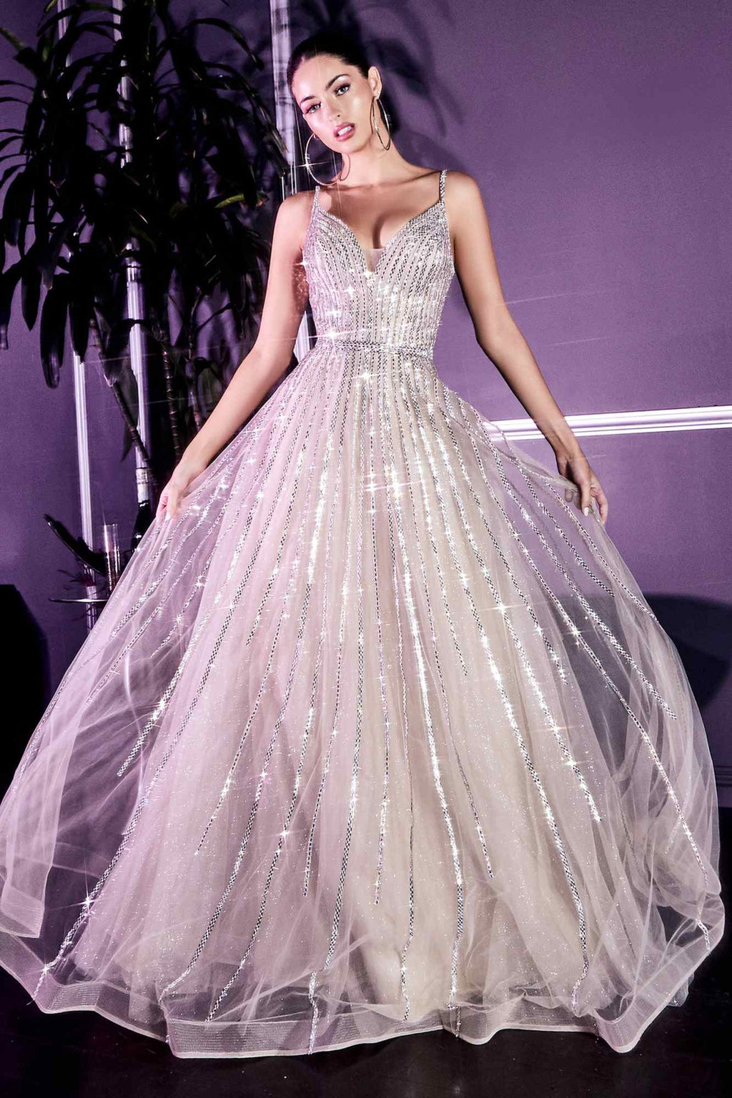 Sparkly glitter tulle A-line ball gown with thin straps and V-neck, full skirt