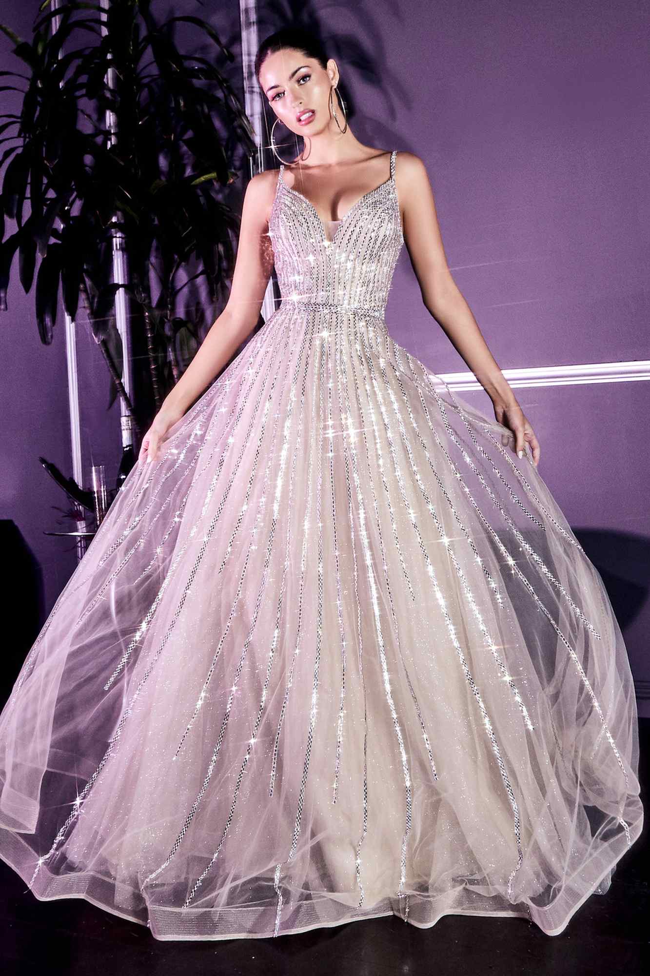 Sparkly glitter tulle A-line ball gown with thin straps and V-neck, full skirt