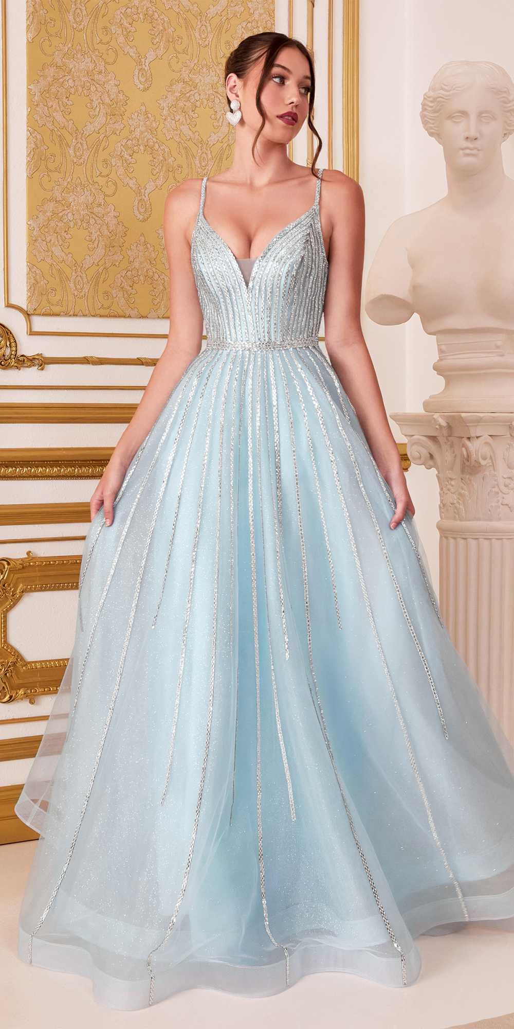 Light blue glitter tulle A-line ball gown, spaghetti straps and V-neck, full length