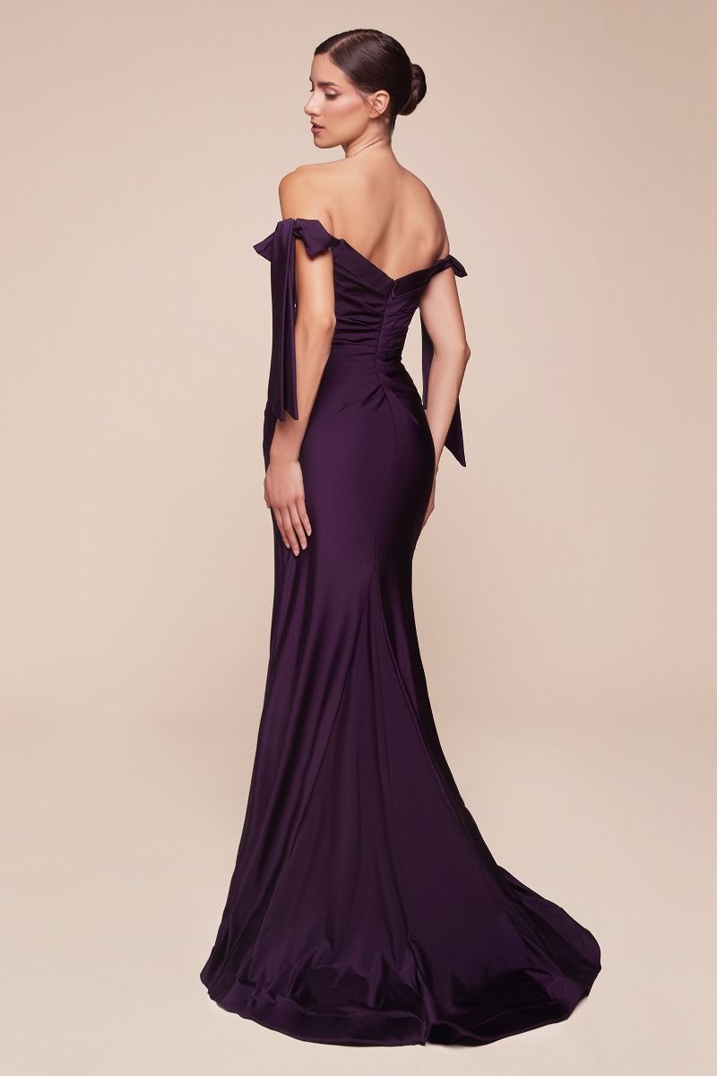 Off-shoulder fitted long jersey dress, dark plum with tie sleeves and flared hem