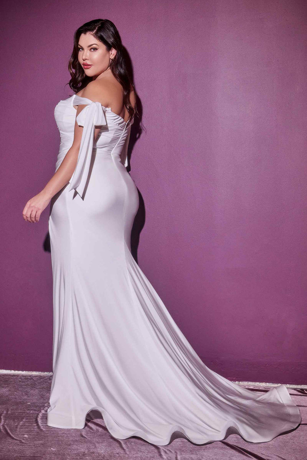 Off-the-shoulder long satin gown with tie sleeve and flowing skirt, off white