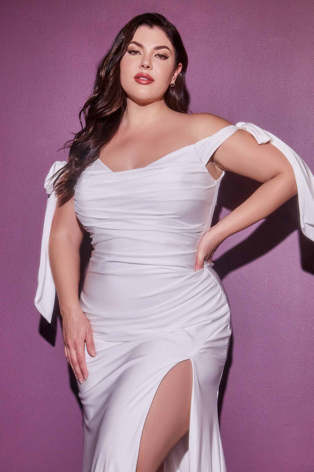 Off-the-shoulder long satin gown with ruched bodice and tie sleeves, off white