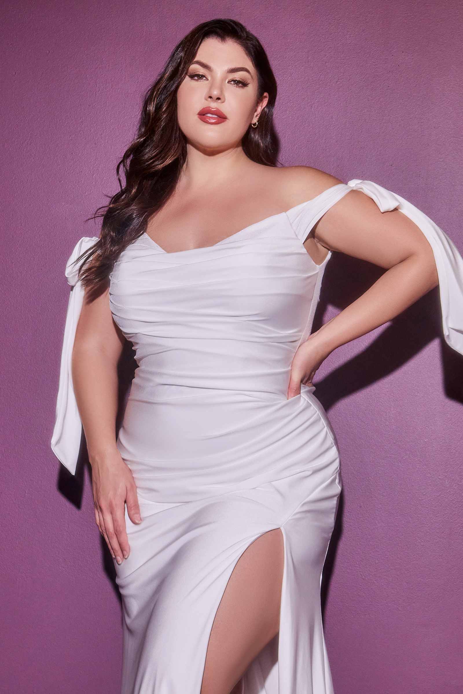 Off-the-shoulder long satin gown with ruched bodice and tie sleeves, off white