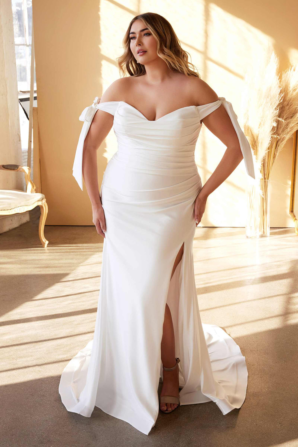 Off-the-shoulder long satin gown with sweetheart neckline, tie sleeves, high slit, off white