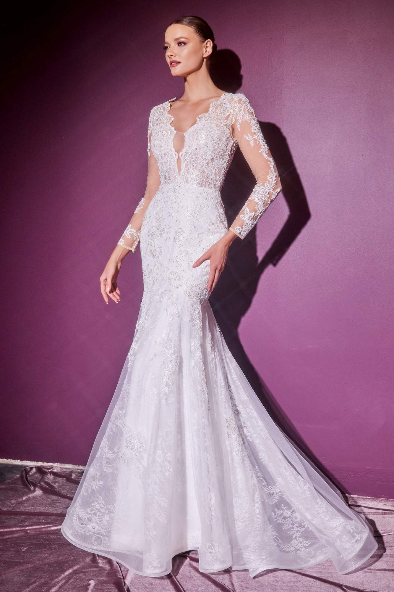 Off-white lace mermaid gown with long illusion sleeves and textured lace overlay