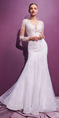 Off-white lace mermaid gown with long illusion sleeves and V-neck bodice