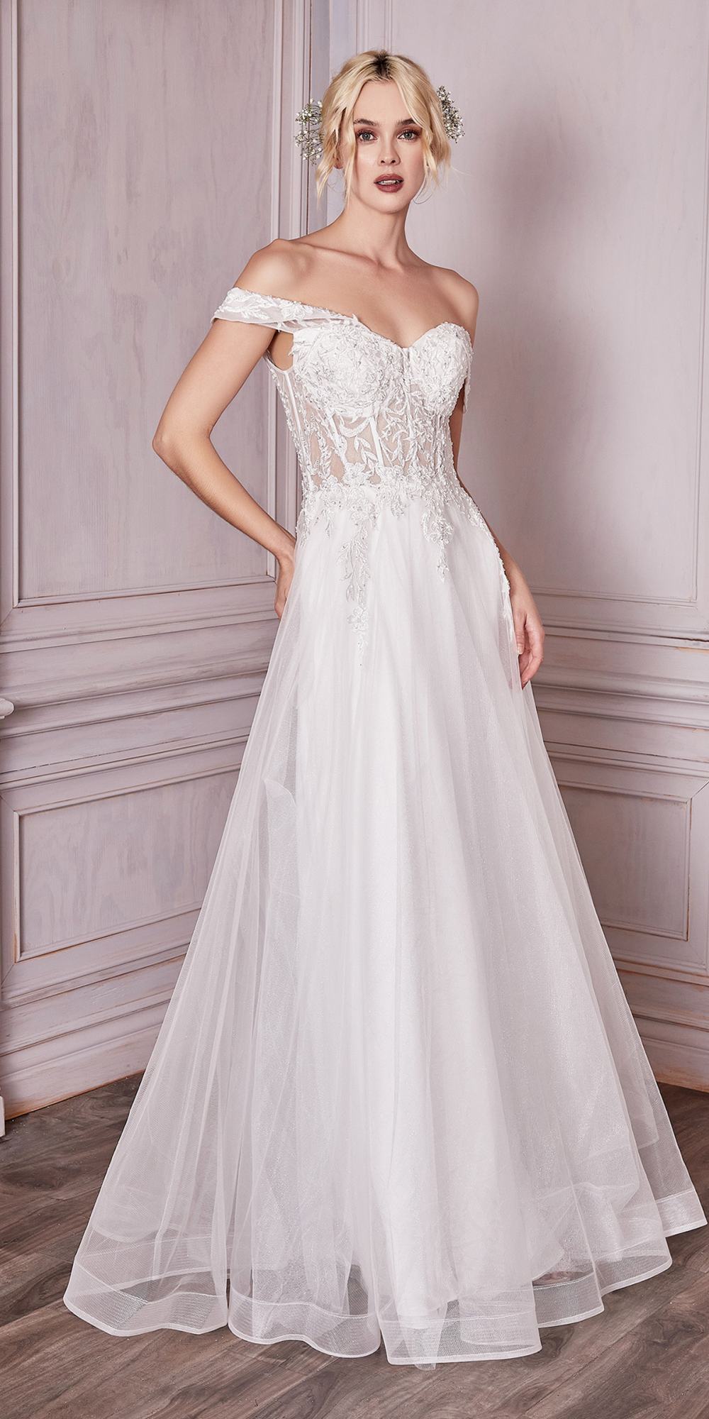 Off-white long off-shoulder lace bridal gown with lace bodice and tiered tulle skirt