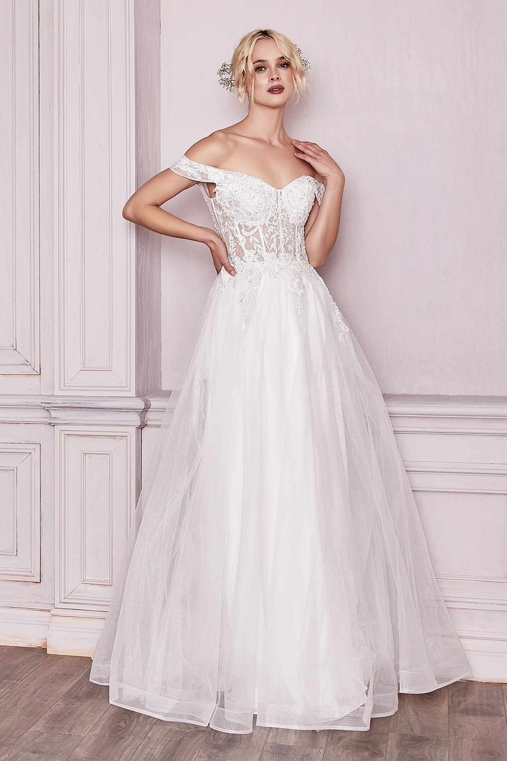Off-white long lace off-shoulder bridal gown with fitted bodice and layered tulle skirt