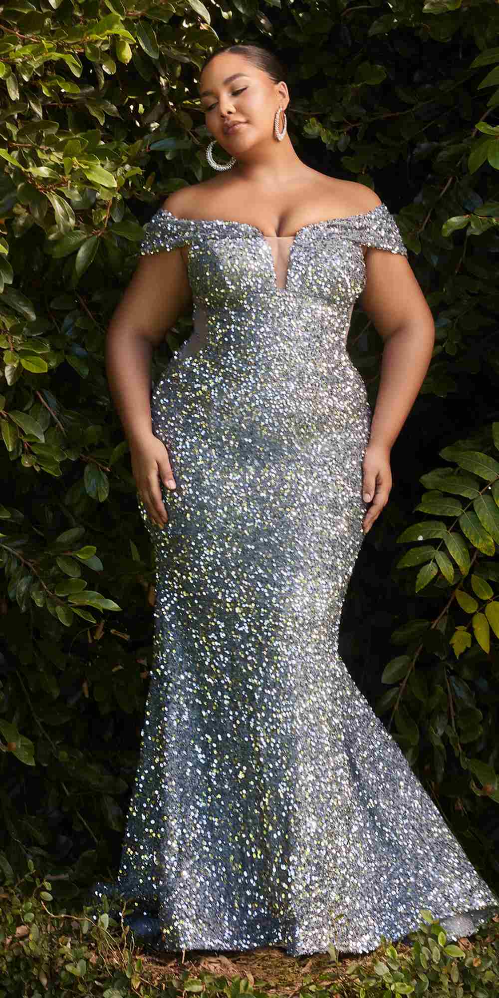 Long dark silver sequin mermaid dress with off-the-shoulder neckline
