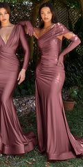 Dark mauve off-shoulder long satin gown with high slit and matching gloves